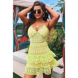 Yellow Sexy Ruffle V Neck A-line Mini Dress Yellow Sexy Ruffle V Neck A-line Mini Dress