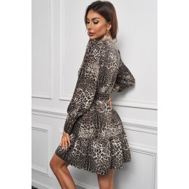 Leopard Print Ruffle Lace-up V Neck Mini Dress Leopard Print Ruffle Lace-up V Neck Mini Dress