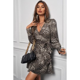 Leopard Print Ruffle Lace-up V Neck Mini Dress Leopard Print Ruffle Lace-up V Neck Mini Dress