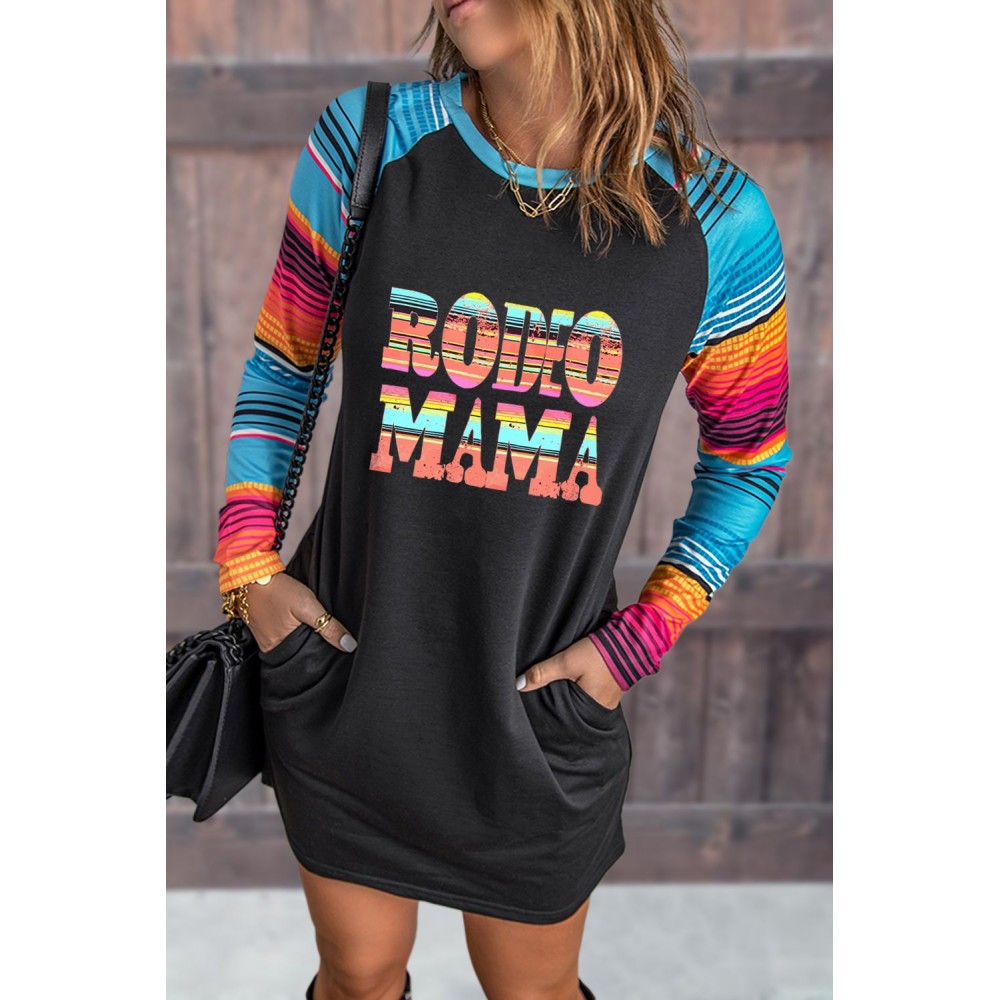 Letter Print Striped Pocket Long Sleeve Shift Mini Dress Letter Print Striped Pocket Long Sleeve Shift Mini Dress