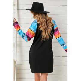 Letter Print Striped Pocket Long Sleeve Shift Mini Dress Letter Print Striped Pocket Long Sleeve Shift Mini Dress