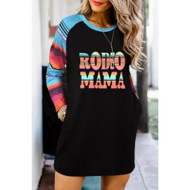 Letter Print Striped Pocket Long Sleeve Shift Mini Dress Letter Print Striped Pocket Long Sleeve Shift Mini Dress
