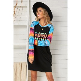 Letter Print Striped Pocket Long Sleeve Shift Mini Dress Letter Print Striped Pocket Long Sleeve Shift Mini Dress