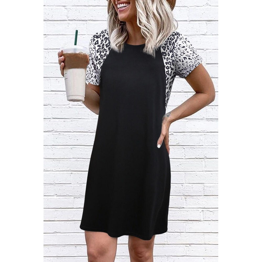 Leopard Splicing O-Neck Mini Dress Leopard Splicing O-Neck Mini Dress
