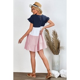 Pink Ruffled Sleeve Tiered Color Block Mini Dress Pink Ruffled Sleeve Tiered Color Block Mini Dress