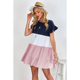 Pink Ruffled Sleeve Tiered Color Block Mini Dress Pink Ruffled Sleeve Tiered Color Block Mini Dress