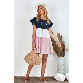 Pink Ruffled Sleeve Tiered Color Block Mini Dress Pink Ruffled Sleeve Tiered Color Block Mini Dress