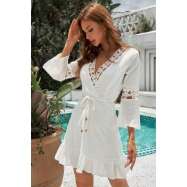 White Surplice V Neck Lace Trim A-line Ruffle Dress with Belt White Surplice V Neck Lace Trim A-line Ruffle Dress with Belt
