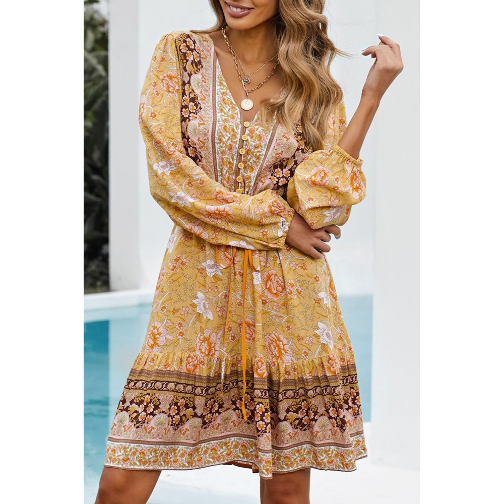 Yellow V-neck Floral Print Long Sleeve Tunic Mini Dress Yellow V-neck Floral Print Long Sleeve Tunic Mini Dress