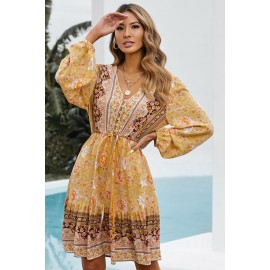 Yellow V-neck Floral Print Long Sleeve Tunic Mini Dress Yellow V-neck Floral Print Long Sleeve Tunic Mini Dress