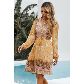 Yellow V-neck Floral Print Long Sleeve Tunic Mini Dress Yellow V-neck Floral Print Long Sleeve Tunic Mini Dress