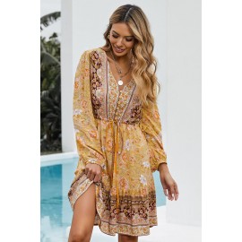 Yellow V-neck Floral Print Long Sleeve Tunic Mini Dress Yellow V-neck Floral Print Long Sleeve Tunic Mini Dress
