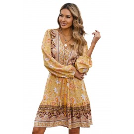 Yellow V-neck Floral Print Long Sleeve Tunic Mini Dress Yellow V-neck Floral Print Long Sleeve Tunic Mini Dress
