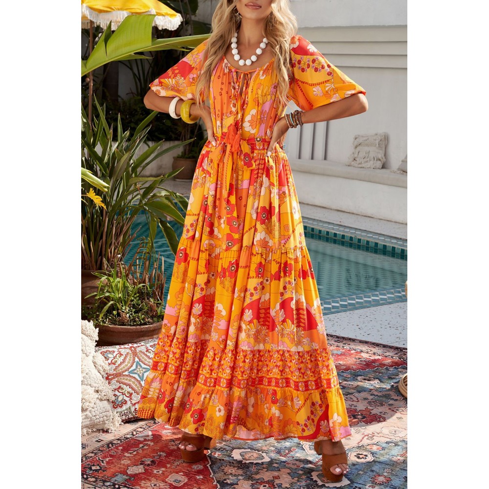 Orange Boho Empire Waist Floral Long Dress Orange Boho Empire Waist Floral Long Dress