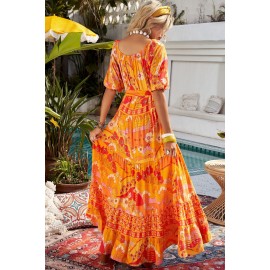 Orange Boho Empire Waist Floral Long Dress Orange Boho Empire Waist Floral Long Dress