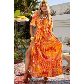 Orange Boho Empire Waist Floral Long Dress Orange Boho Empire Waist Floral Long Dress