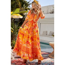 Orange Boho Empire Waist Floral Long Dress Orange Boho Empire Waist Floral Long Dress