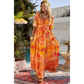 Orange Boho Empire Waist Floral Long Dress Orange Boho Empire Waist Floral Long Dress