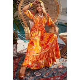 Orange Boho Empire Waist Floral Long Dress Orange Boho Empire Waist Floral Long Dress