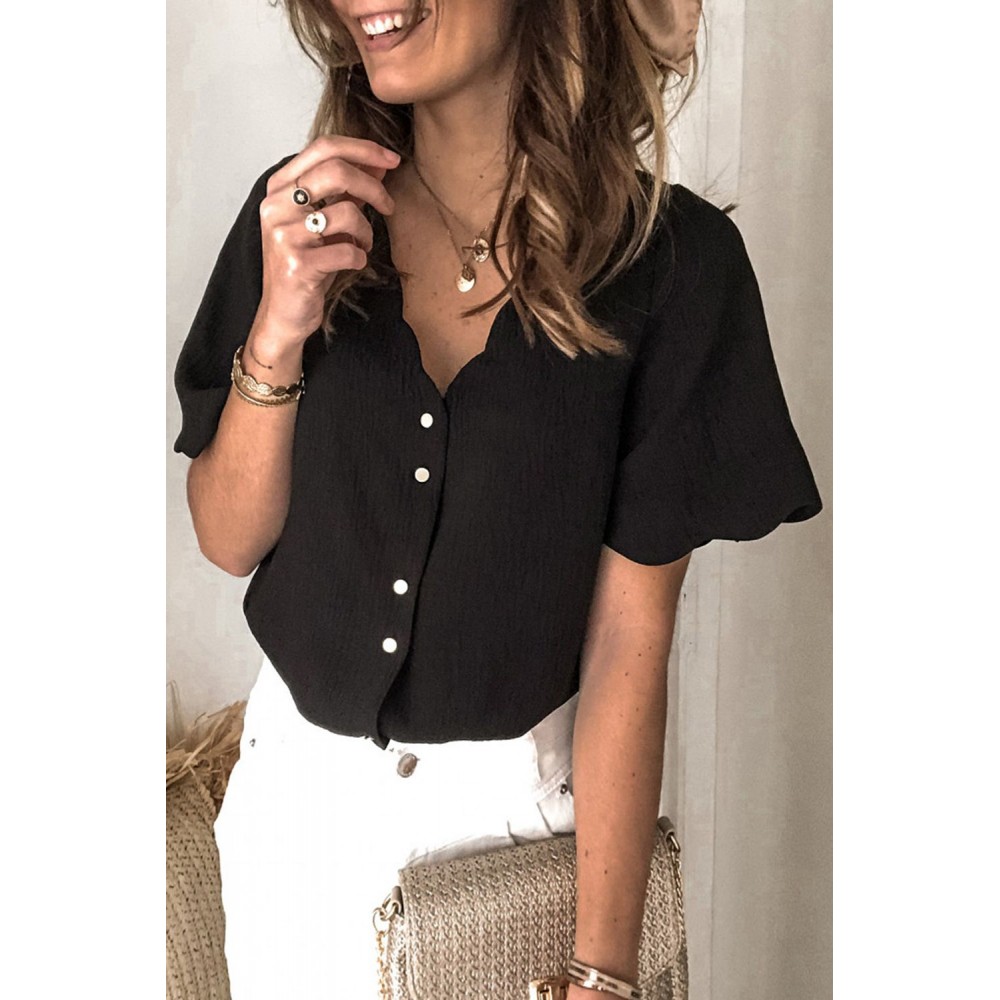 Black Scalloped Neckline Textured Short Sleeve Shirt Black Scalloped Neckline Textured Short Sleeve Shirt