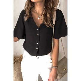 Black Scalloped Neckline Textured Short Sleeve Shirt Black Scalloped Neckline Textured Short Sleeve Shirt