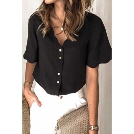 Black Scalloped Neckline Textured Short Sleeve Shirt Black Scalloped Neckline Textured Short Sleeve Shirt