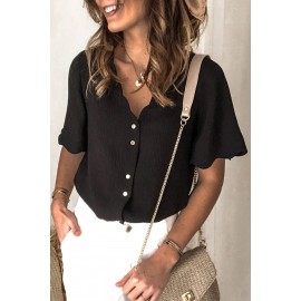 Black Scalloped Neckline Textured Short Sleeve Shirt Black Scalloped Neckline Textured Short Sleeve Shirt