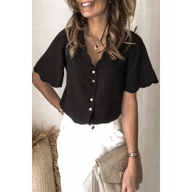 Black Scalloped Neckline Textured Short Sleeve Shirt Black Scalloped Neckline Textured Short Sleeve Shirt